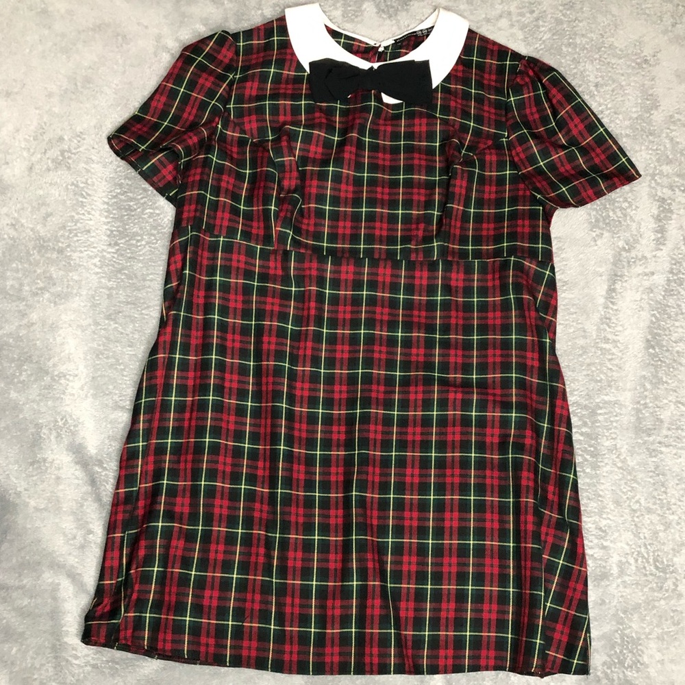 Atmosphere Red and Green Plaid Mini Dress with Bow